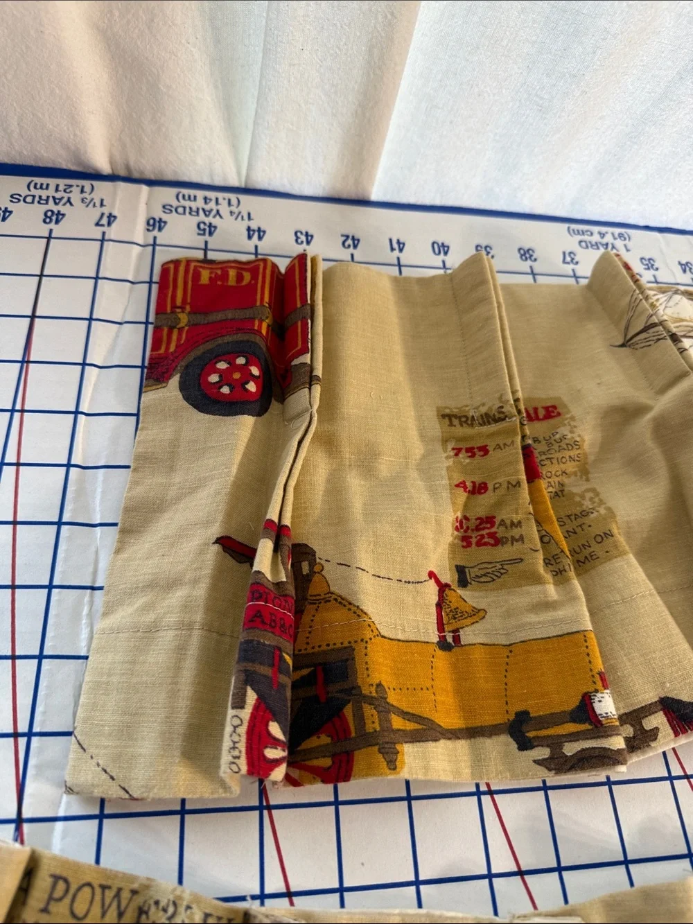 Vintage Mid Century Novelty Kitchen Curtain Set Cars Trains Ships Fire Engines